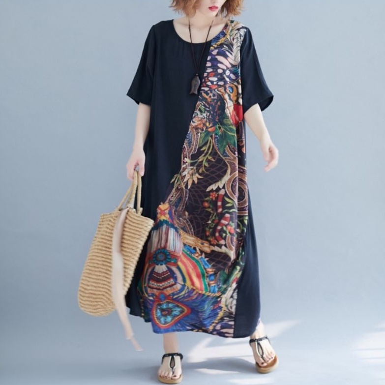 73006 Baju Dress Maxi panjang hitam polos mix motif bunga lengan pendek santai jalan kekinian import