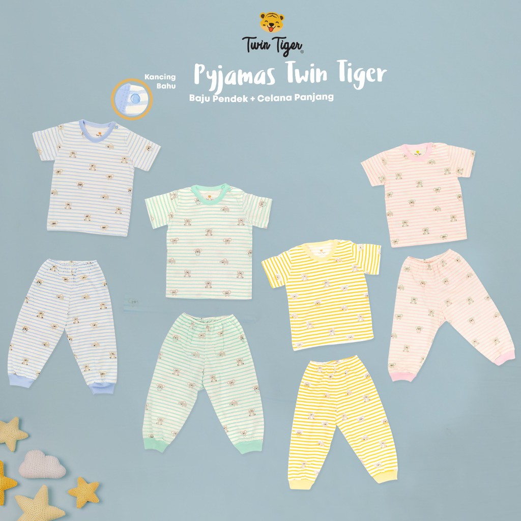 TWIN TIGER SETELAN PIYAMA PENDEK / PANJANG / PENDEK PANJANG / SINGLET PREMIUM/KOALA GARIS /  TWIN BERUANG