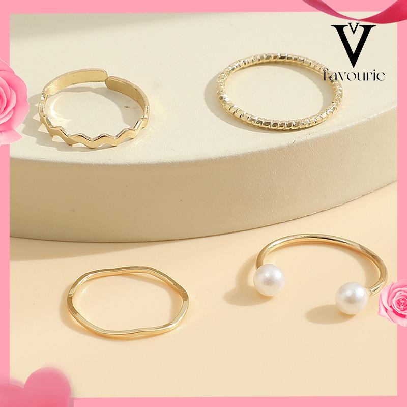 [COD]4 Pcs/set Korea Cincin Emas Untuk Wanita Sederhana Mutiara Elegan Cincin Set Dapat Disesuaikan Terbuka Perhiasan Hadiah-FA