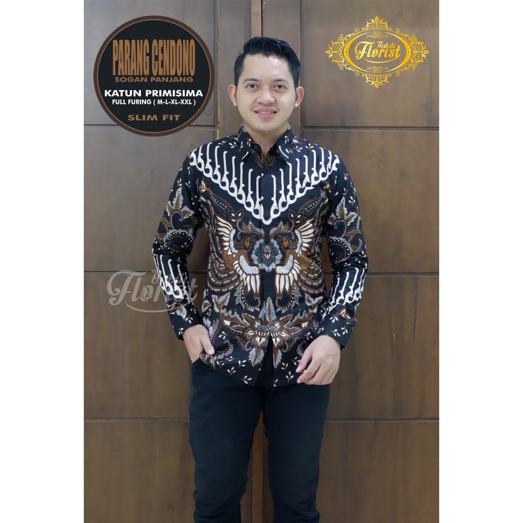 Batik warna dasar hitam CENDONO SOGAN Kemeja Batik Pria SLIMFIT Katun Primisima Full Furing terbaru