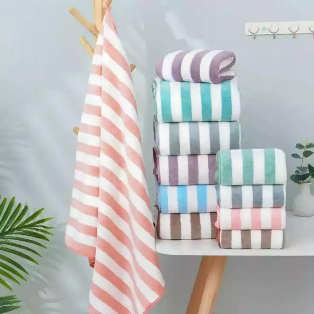 Handuk Mandi Dewasa Microfiber bulu 70x140 Motif Salur Garis Handuk Mandi Anak Bayi Lembut Super Serap Air Import