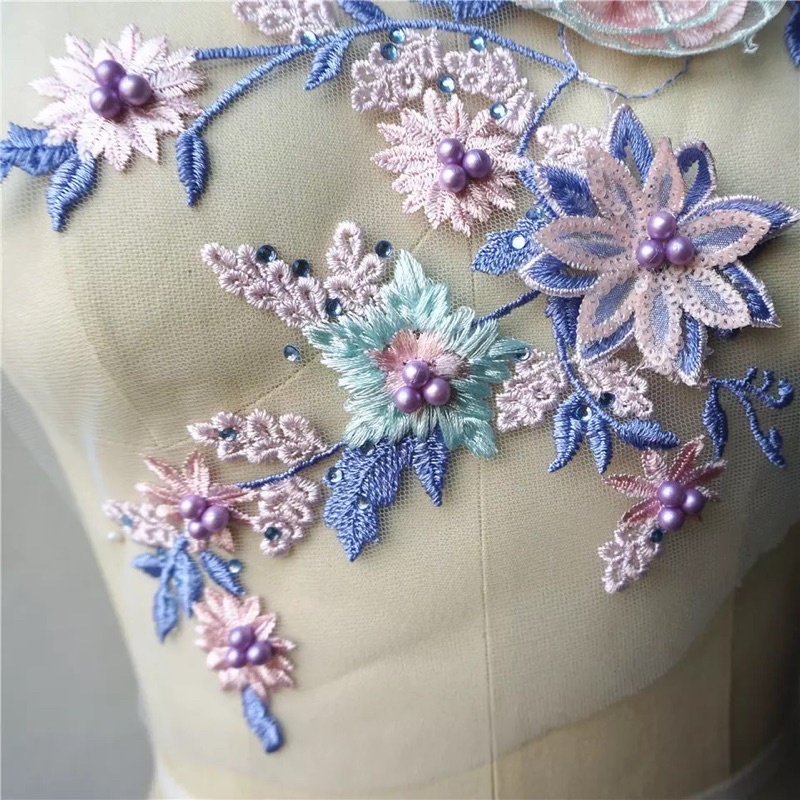 Aplikasi Lace 3D Flowers Beads Rhinestones