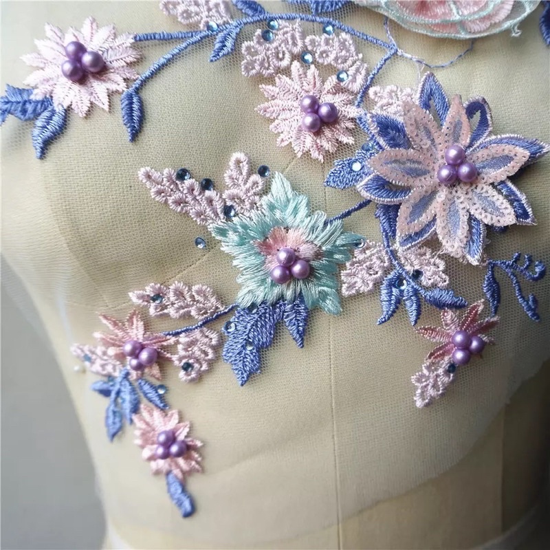 Aplikasi Lace 3D Flowers Beads Rhinestones