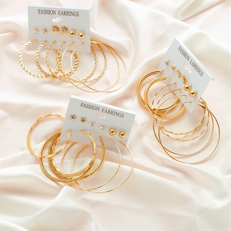 6 Pasang / Set Anting Bentuk Lingkaran Besar Model Simple Untuk Wanita