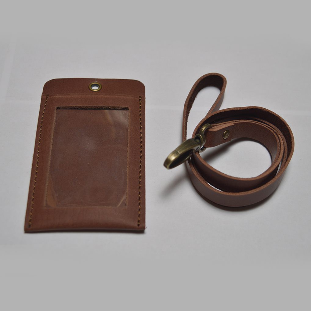 gantungan id card kulit asli model simpel - card holder - coklat