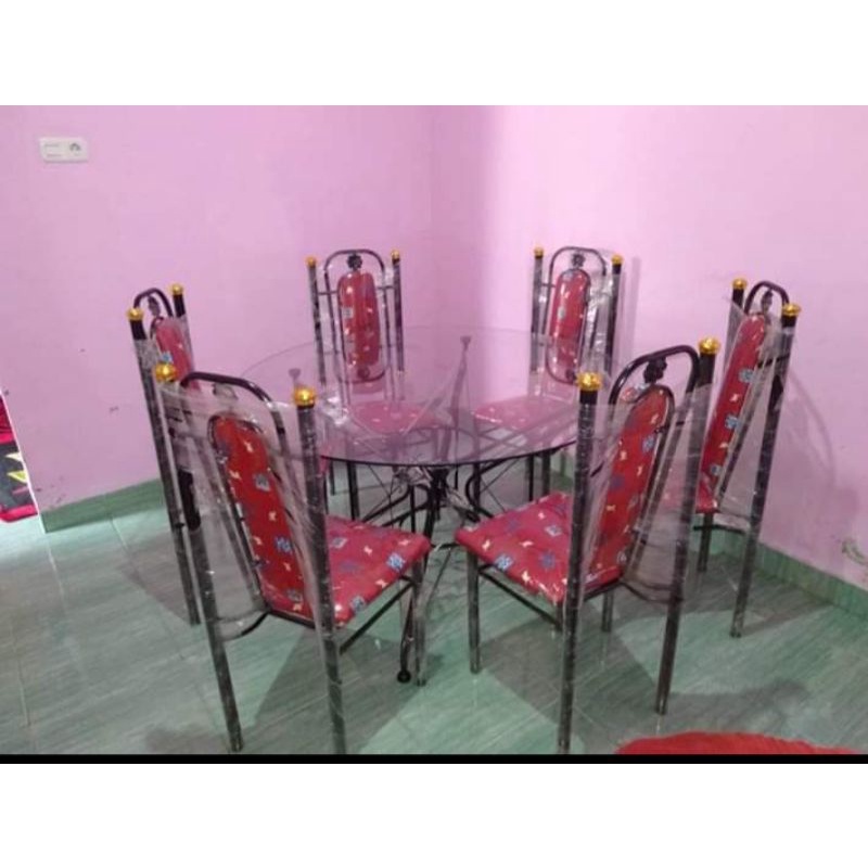 (Hanya Meja) Meja Makan Kaca Kaki Besi