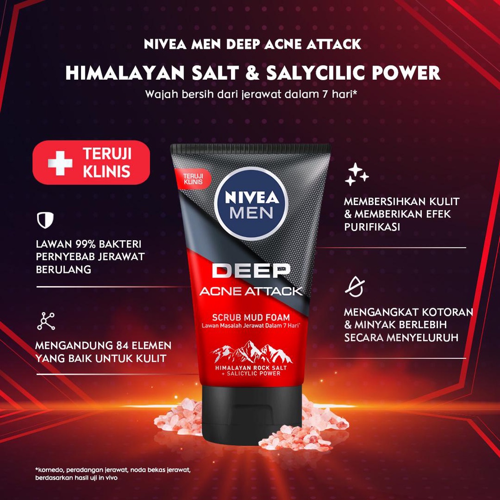 ❤ BELIA ❤ NIVEA MEN Deep Acne Attack 100ml | Scrub Mud Foam | Facial Wash | Facial Foam | BPOM