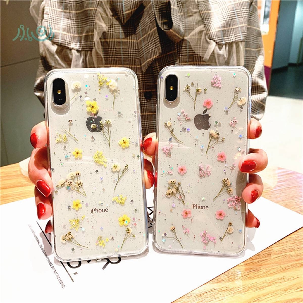 Casing Transparan Motif Bunga Kering Dengan Glitter Untuk Xiaomi Note 10 A3 10 Pro Redmi Note 7 Note 8 Pro 7a