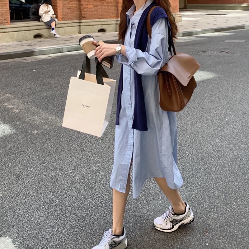 Gaun selendang + kemeja jas dua potong gaun jas kerah longgar wanita mid-length