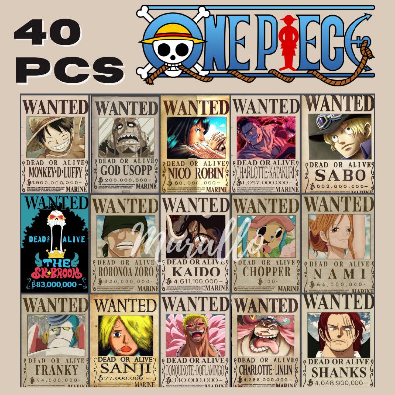 PAKET 40 PCS POSTER BOUNTY ONE PIECE MUGIWARA CREW POSTER YONKO POSTER DINDING KARAKTER LUFFY