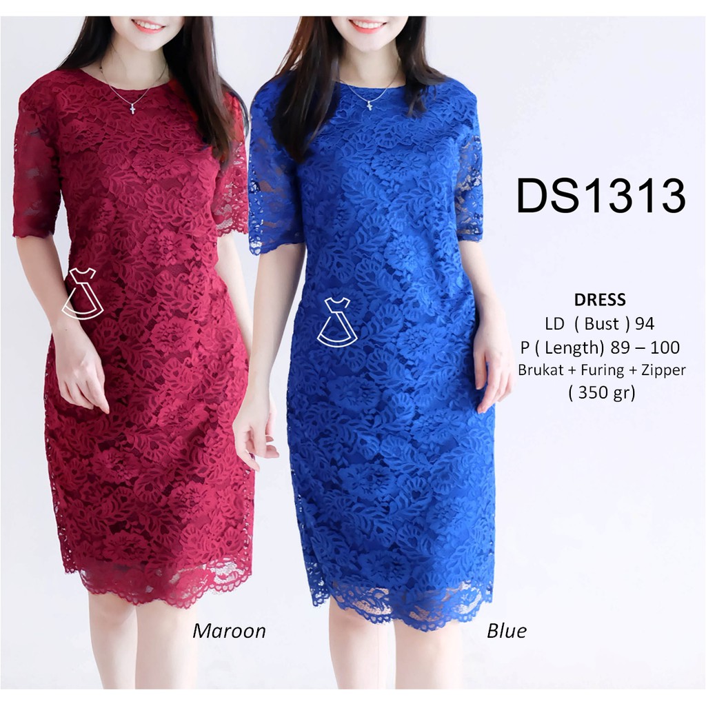 DS1313 - DRESS PESTA BRUKAT LACE MIDI SEPAN DRESS NATAL WANITA