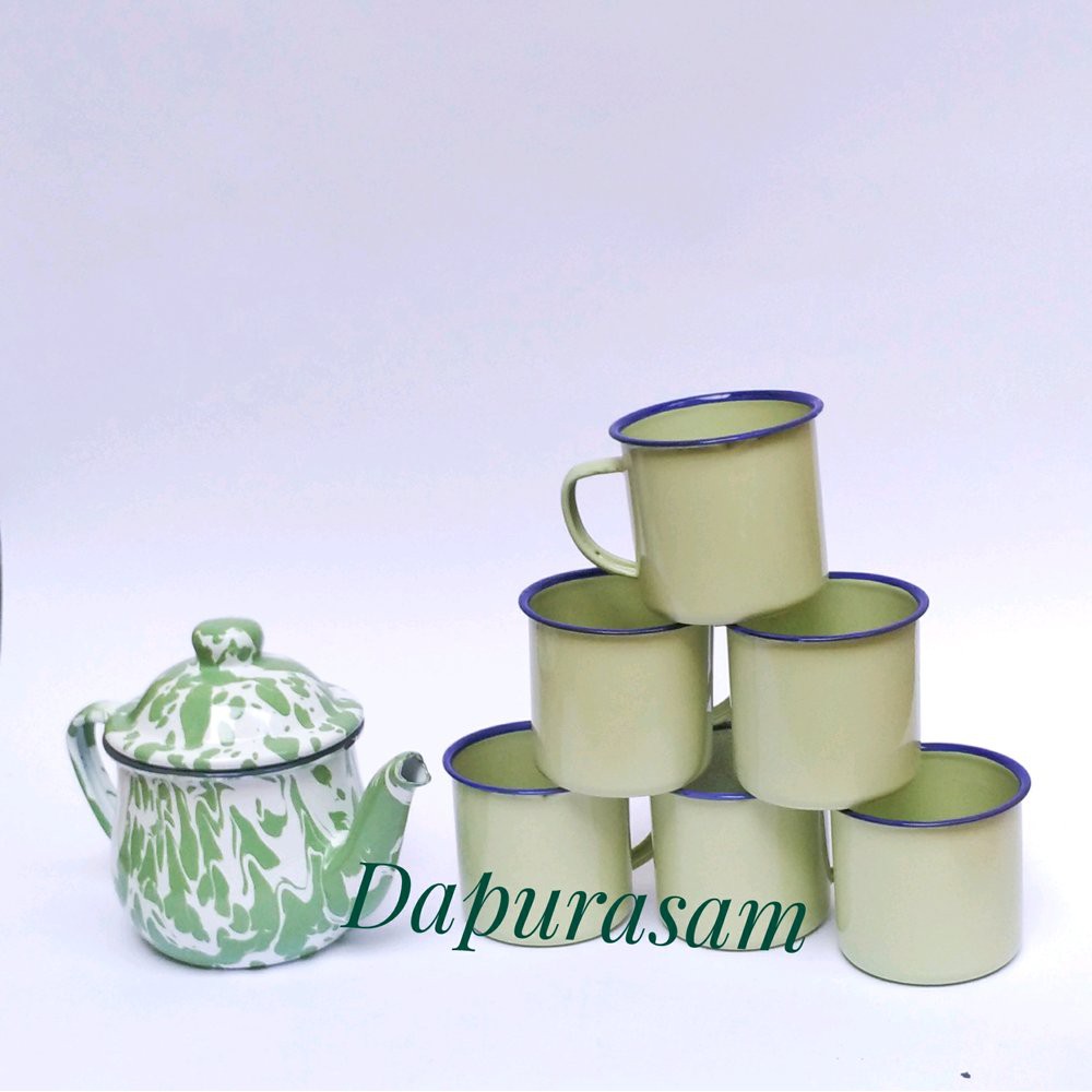 Set Teko Cebol dan 6 pcs Gelas polos 7cm Enamel Seng Blek Jadul Vintage Terbaik