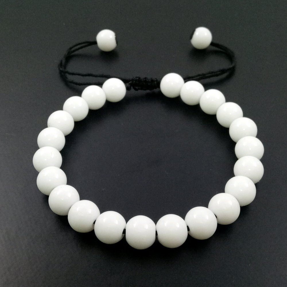 Gelang Tangan Batu Giok Putih Dim 8 Mm Model Tali Serut Shambala