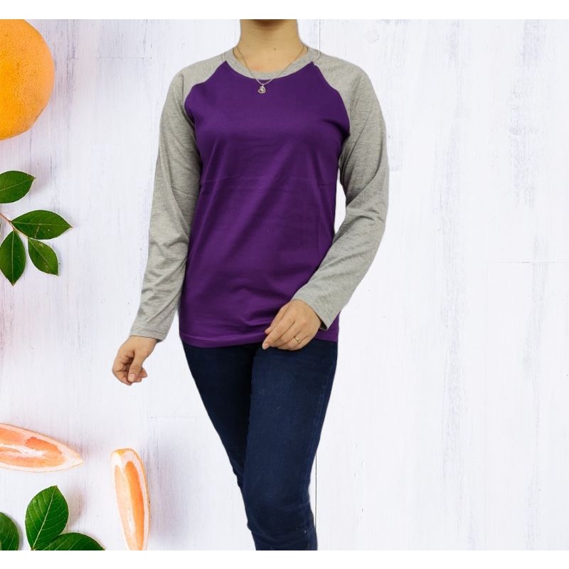 kaos polos reglan wanita (unisex) lengan panjang uk M L XL XXL-Ungu-abumisty pjg