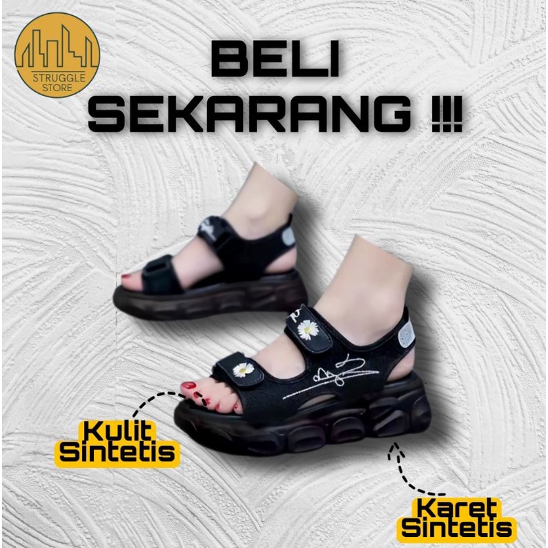Sepatu Sendal Sandal Wanita Tinggi Jalan Tali Gunung Kulit Main Sehari Hari Import Korea Hitam Putih