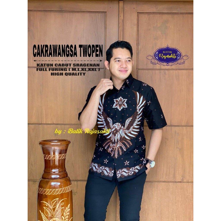 Kemeja batik pria lengan panjang pendek warna hitam baju batik lapis furing bahan katun halus garuda