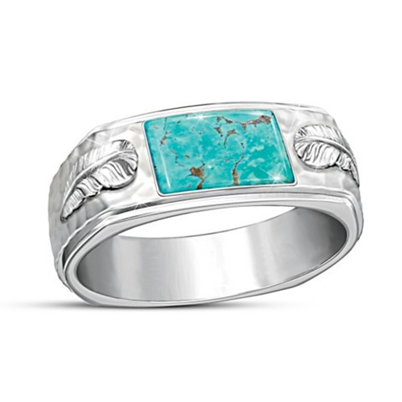 Cincin Desain Bulu Aksen Turquoise Bahan 925 Silver Gaya Bohemian Untuk Pria