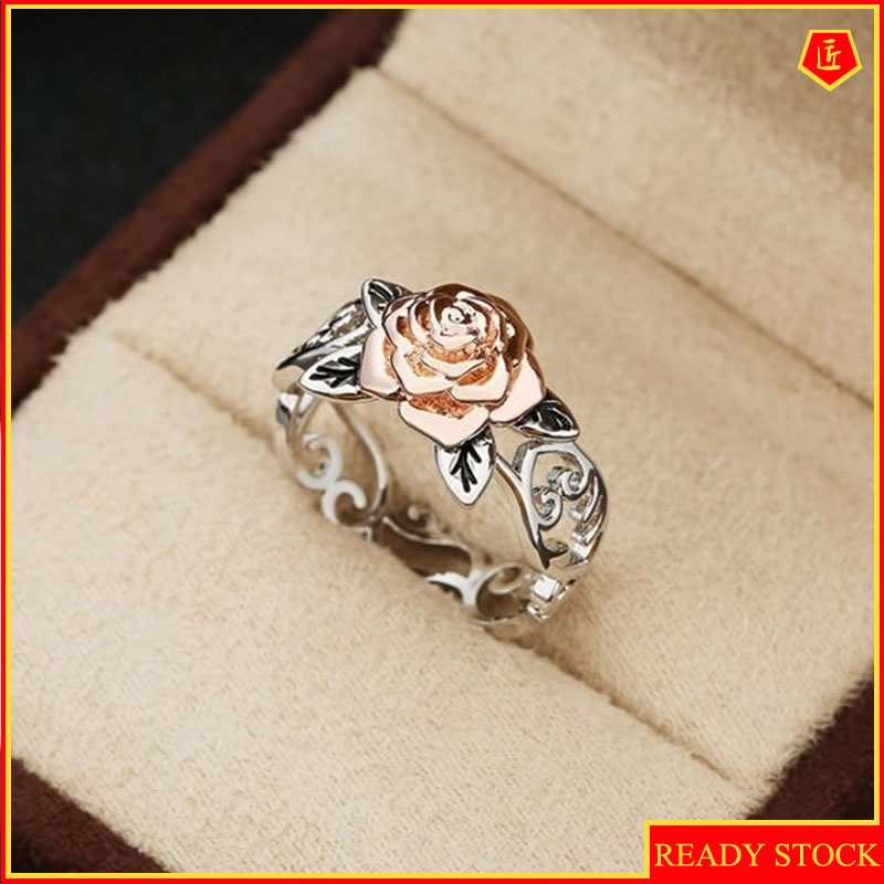 [Ready Stock]Rose Gold Flower Silver Ring 925 Silver Elegant Retro