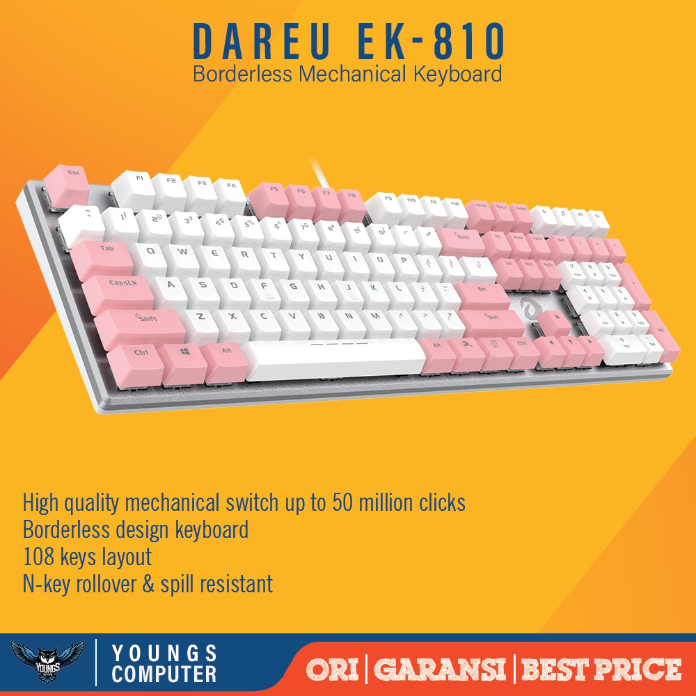 DAREU EK-810 BORDERLESS WHITE PINK MECHANICAL GAMING KEYBOARD EK810