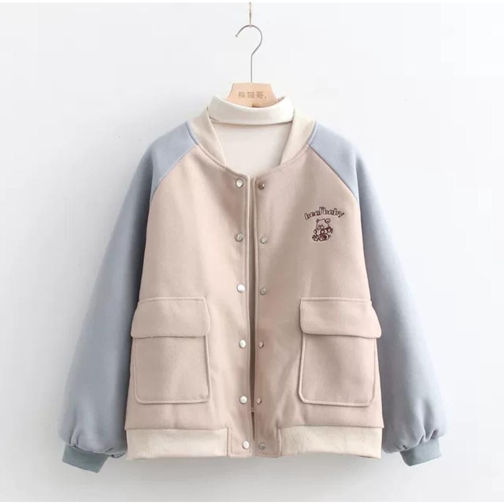 Jaket Baseball Baby Bear l Jacket Varsity Wanita Korean Style Casual Daily Matt Fleece