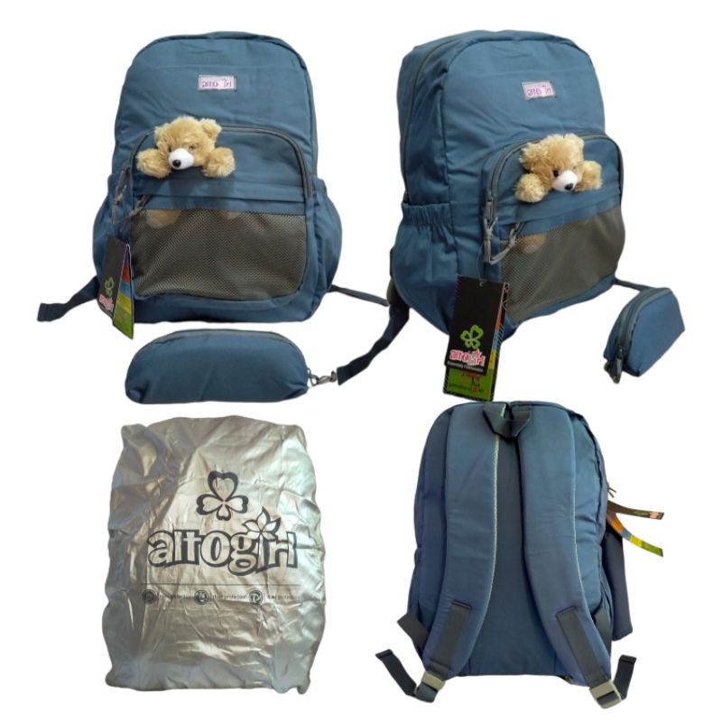 Tas ransel korea backpack anak perempuan boneka bear jaring alto girl original free rain cover  dan dompet pensil