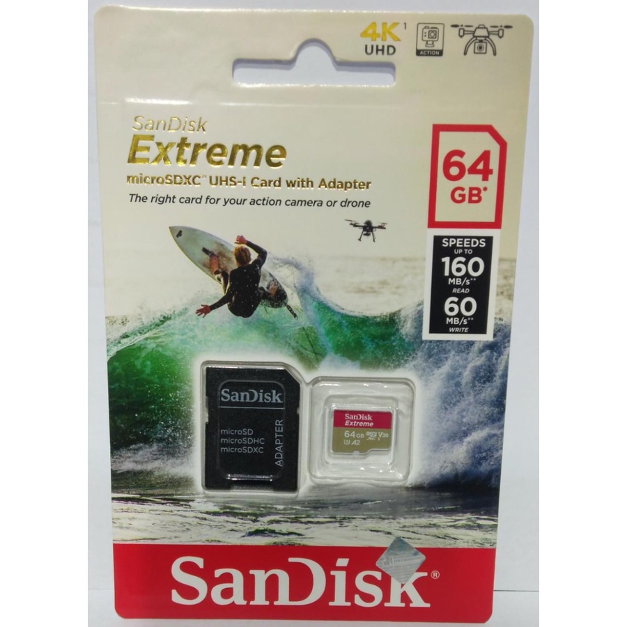 Sandisk Extreme MicroSD 64gb 160 SDXC U3 A2 V30 + ADAPTER DUS PUTIH