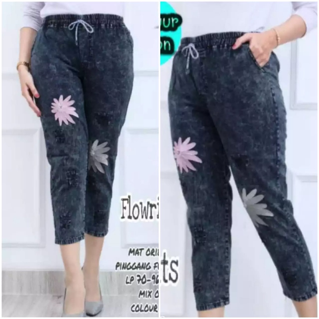 celana jeans wanita kekinian terbaru motif bordir qoala pants haruka jumbo