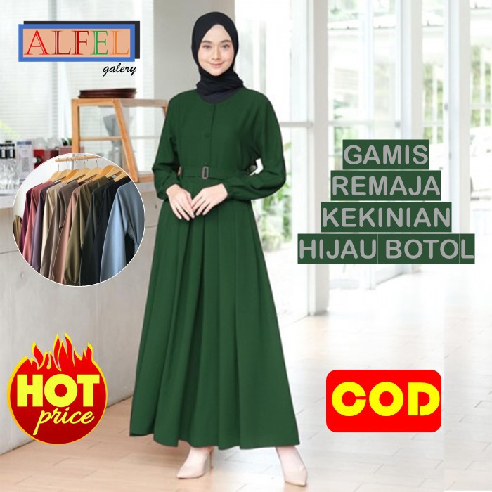 Baju Gamis Terbaru Remaja Wanita Kekinian Modern Murah Syari Polos Warna Hijau Tua Gelap Botol