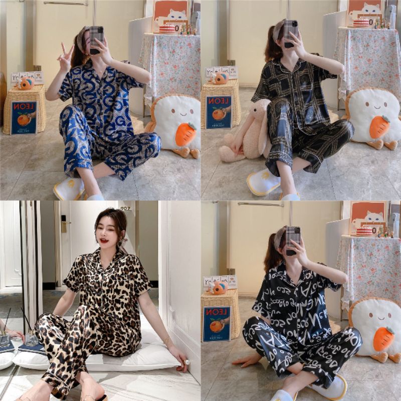 Setelan Piyama Wanita Impor / Baju Tidur Wanita Lengan Pendek Celana Panjang / Baju Tidur Berkerah