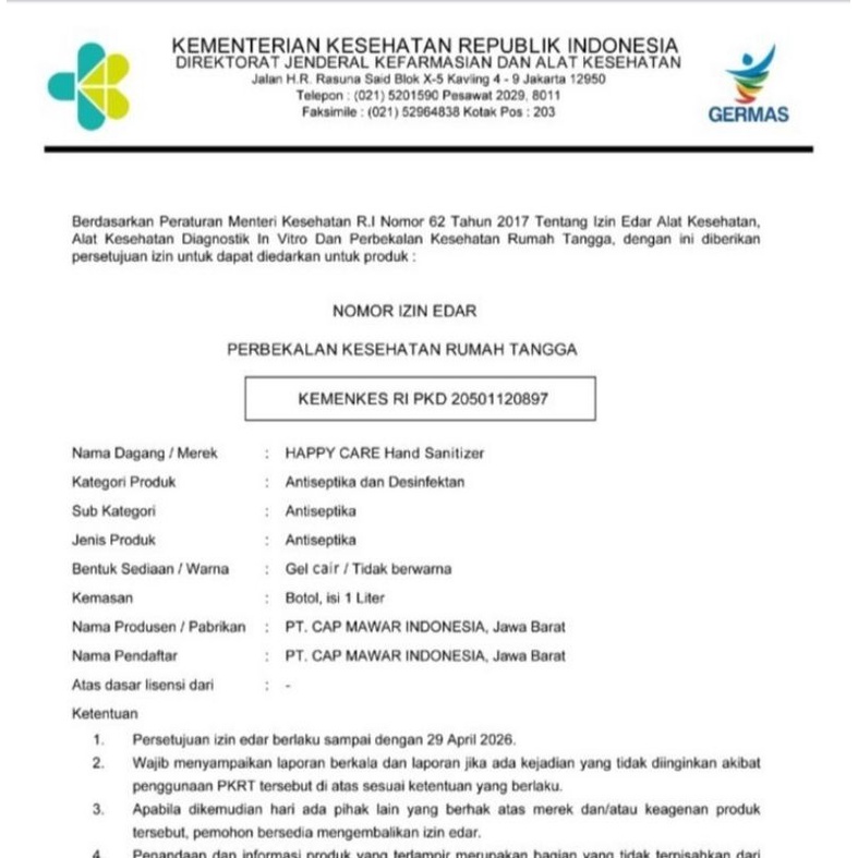 Happy care handsanitizer 1 Liter / Handsanitizer cair gel / Hand sanitizer kemenkes cair gel