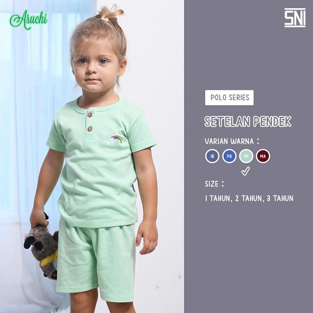 Aruchi Setelan Pendek Polo Series / Salur Sablon - Setelan Anak Murah