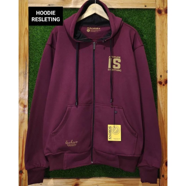 Sweater Hoodie Pria Zipper Resleting Distro Kachios Premium Ori Merah Maroon Motif Simple Bahan Flee