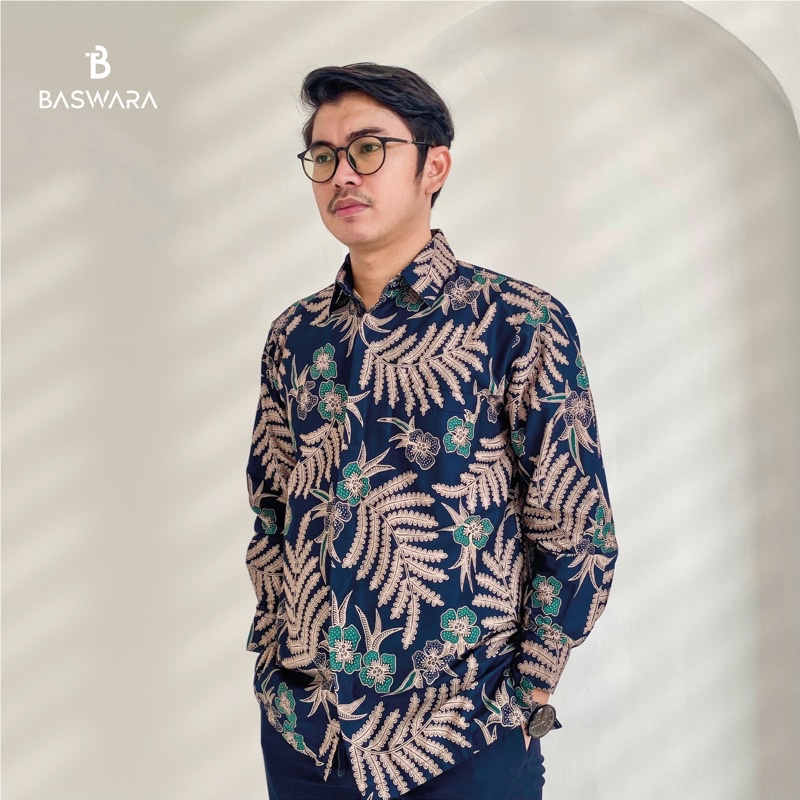 Baswara Batik Pria Lengan Panjang Biru Dongker Coklat A11