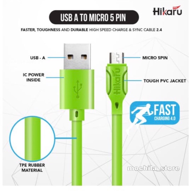 Kabel Data Fast Charging USB Micro 5 Pin - Dura Fast 2.4A - Fast Charger - 1 Meter - Hikaru