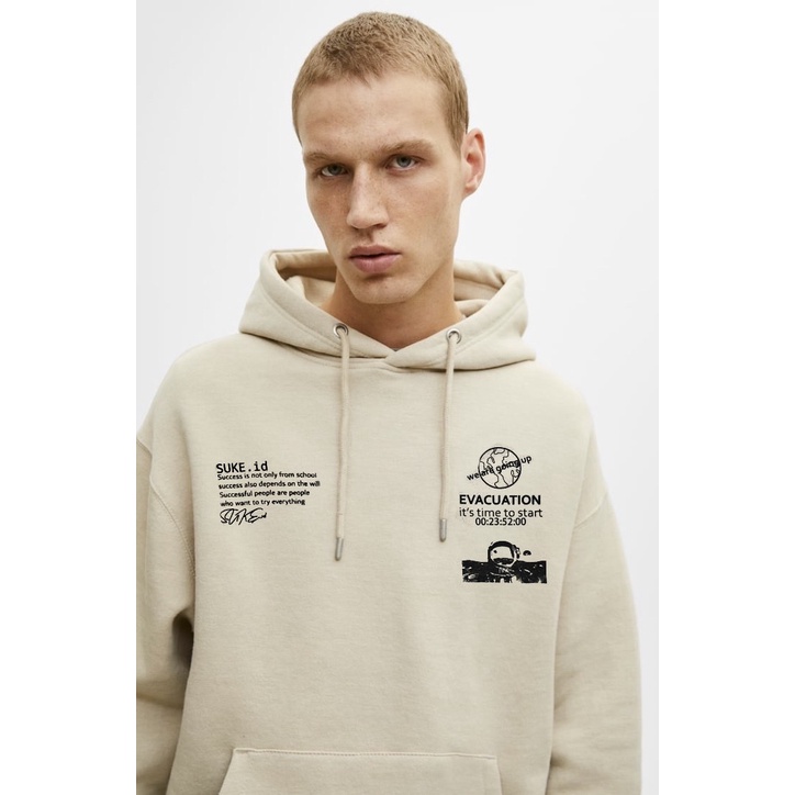 Sweater Hoodie Pria Wanita Motif Combi Logo Bordir Beige &amp; Hitam Premium
