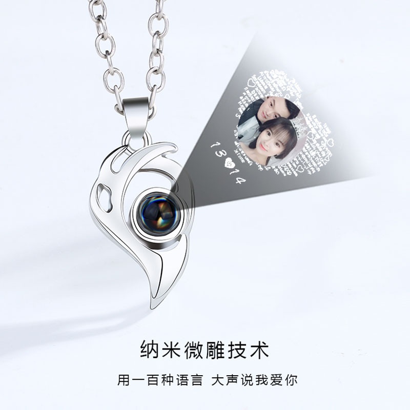 Heart-shaped magnetic projection in 100 languages I love you Titanium steel does not rust and waterproof clavicle chain couple necklace Korean fashion jewelry Best gift for male and female friends