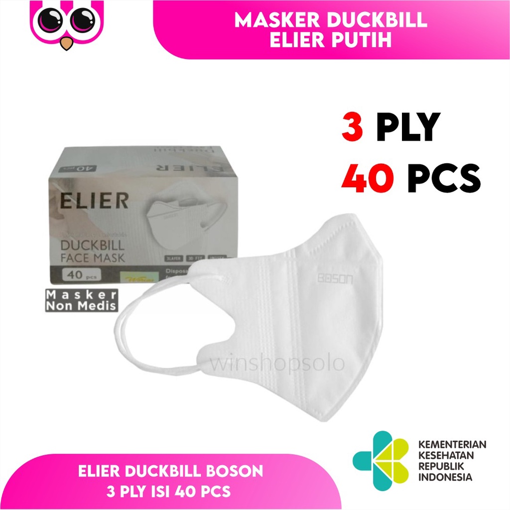[ 40 DB PUTIH ] ELIER DUCKBILL BOSON 3 PLY ISI 40 PCS / MASKER DUCKBILL ELIER ISI 40 WARNA PUTIH
