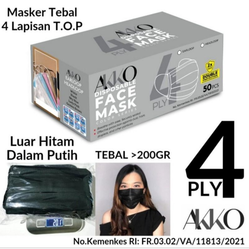 Masker 4ply AKKO &amp; CAREION Earloop kemenkes 4 ply Original TEBAL isi 50 pcs