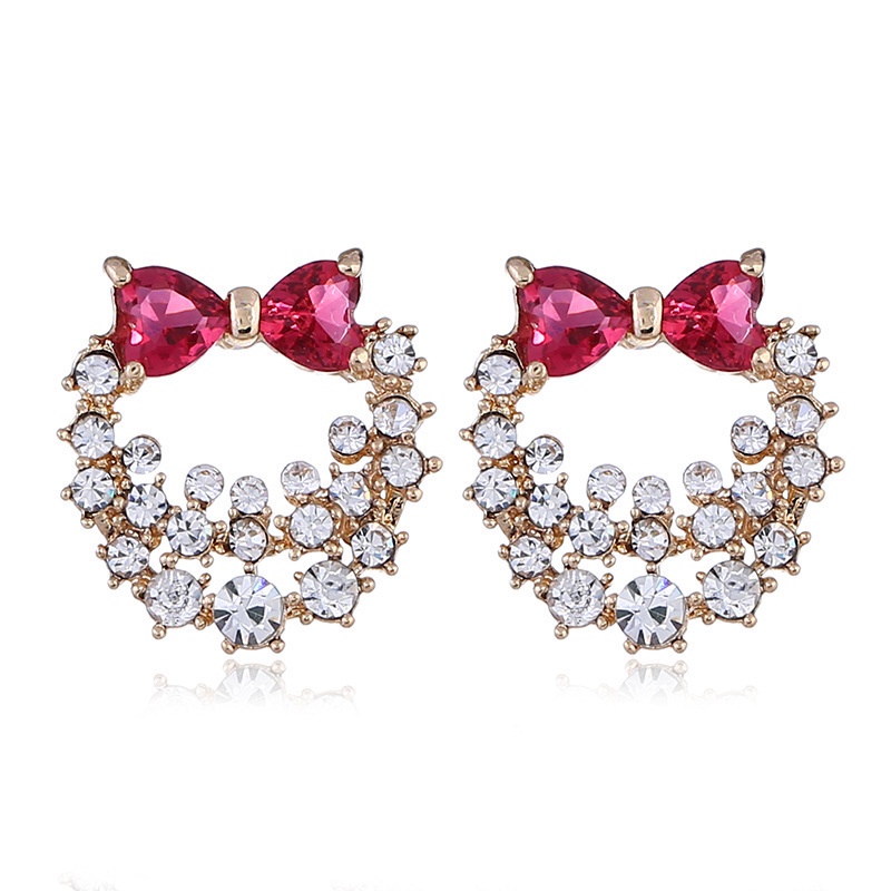 S925 gaya Korea anting-anting berlian merah muda bow perak jarum personalized anting-anting diamond