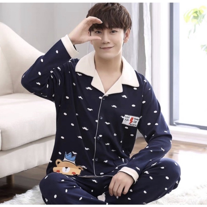 PAJAMAS PRIA DEWASA KATUN IMPORT PREMIUM MOTIF KANCING KRAH SETELAN CELANA PANJANG CARTOON NAVY BIG SIZE L-3XL TERBARU