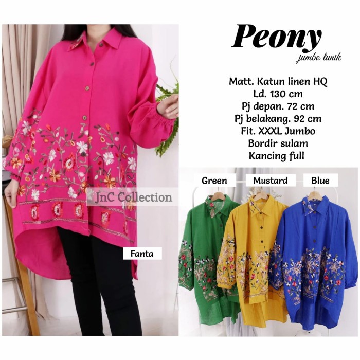 TUNIK JUMBO KATUN LINEN BORDIR BUNGA SULAM LD 130 - PEONY JUMBO