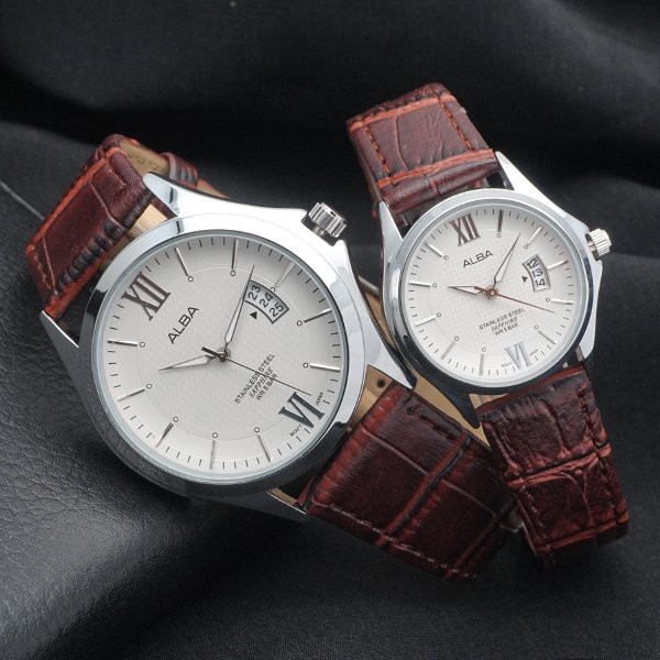 BARU Jam tangan couple Alba leather strap cowok cewek sepasang by hargajam tali kulit coklat
