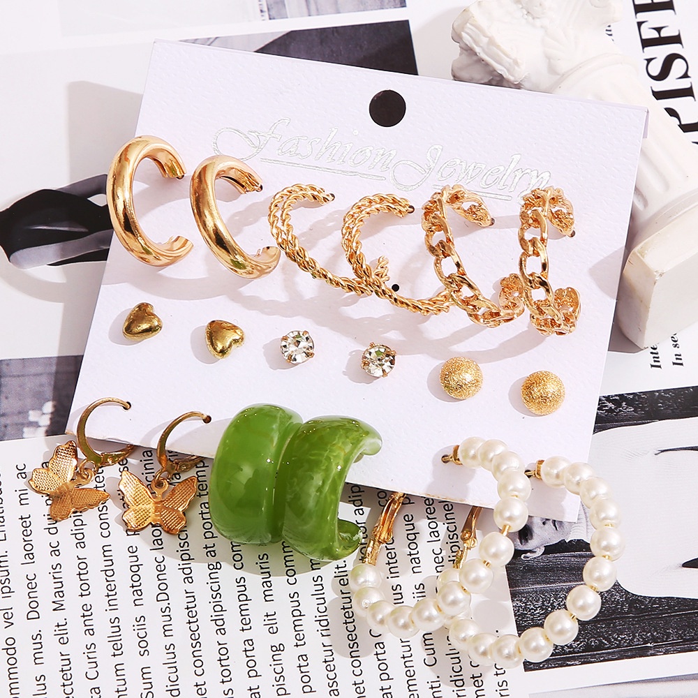9 Pasang / Set Anting Stud Bentuk C Kupu-Kupu Hati Bahan Logam Akrilik