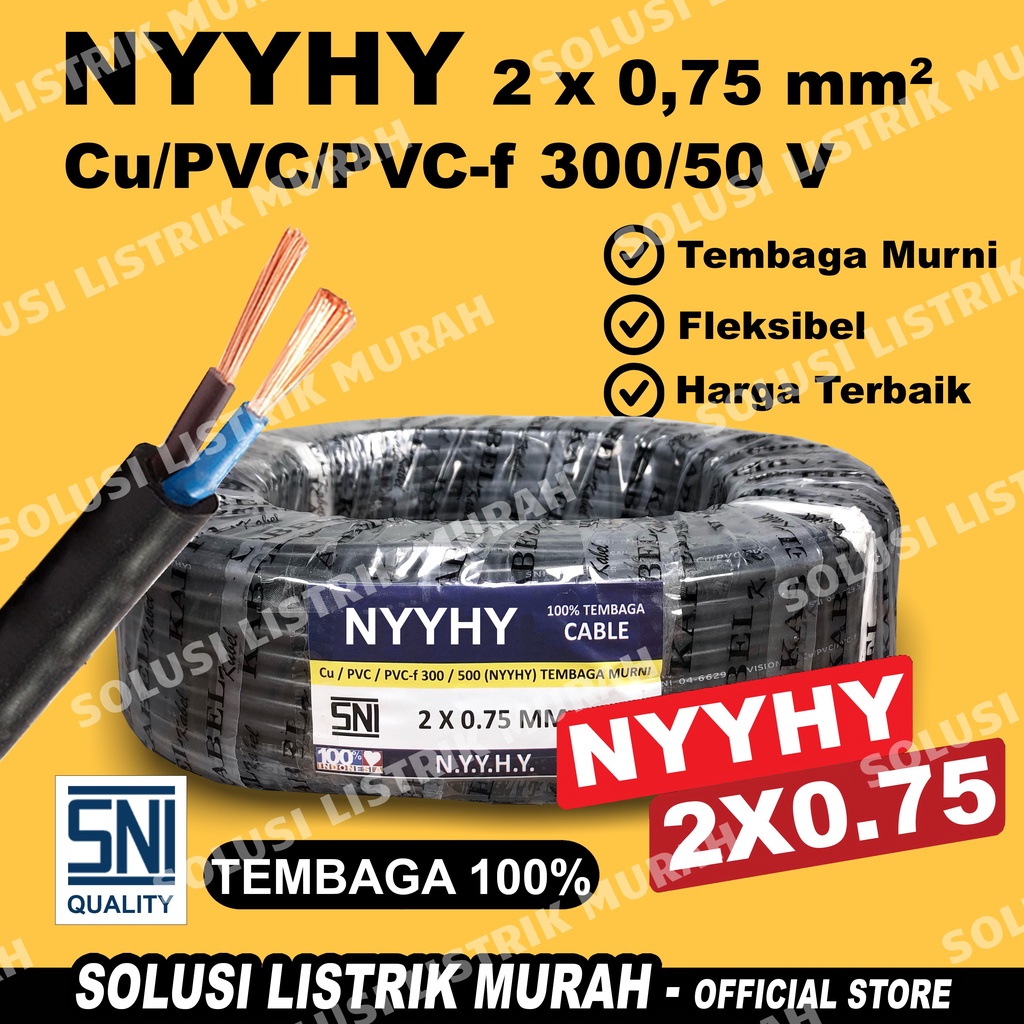 Kabel Listrik NYYHY SNI Serabut Tembaga 2x0,75 2x0.75 Meteran NYY HYO Kabel Hitam Tembaga Asli per meter