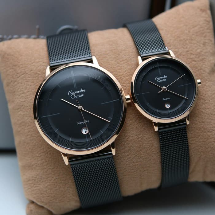 Jam tangan couple pria wanita jam tangan pasangan warna hitam Alkexandre christie AC 8627 Original