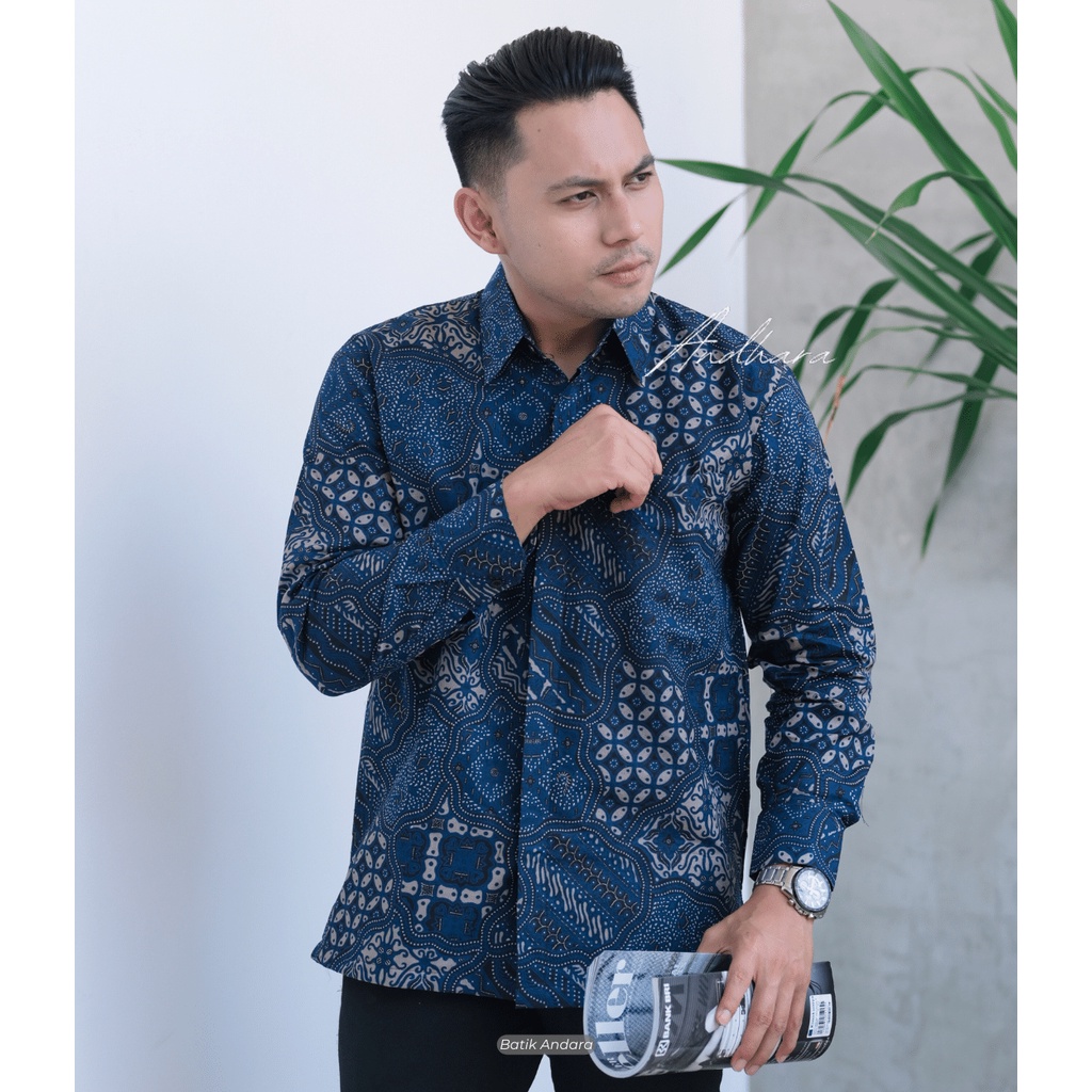 Djabir Baju Batik pria Lengan Panjang Modern slimfit Kasual Jagu Biru