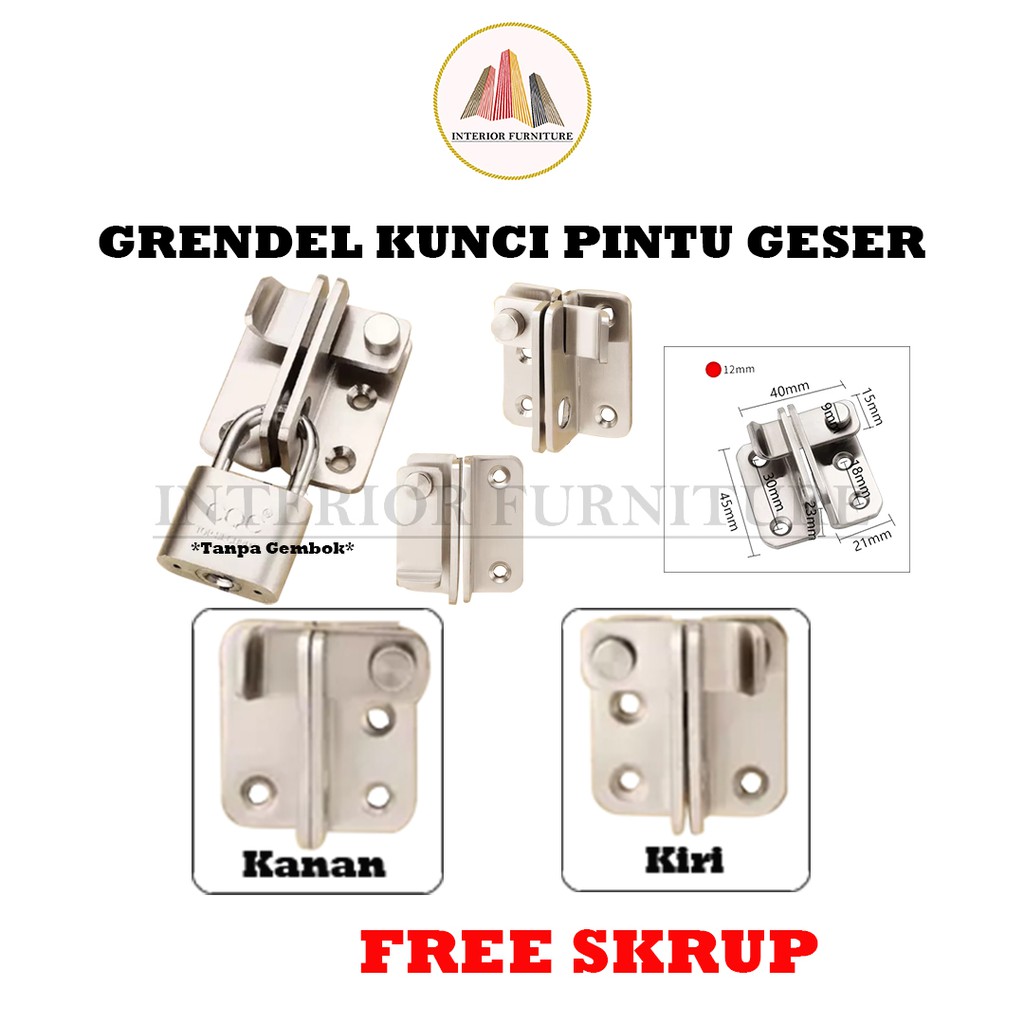 Slot Kunci Pintu Geser Bahan Stainless/ Grendel / Cantolan / Grendel Soligen 2 Variasi (Kiri -&amp;Kanan) ...FREE SEKRUP