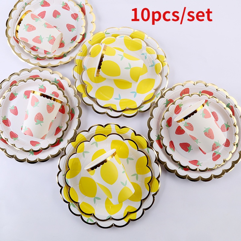 10pcs / Set Piring Kertas Sekali Pakai Motif Lemon / Strawberry Untuk Pesta Ulang Tahun