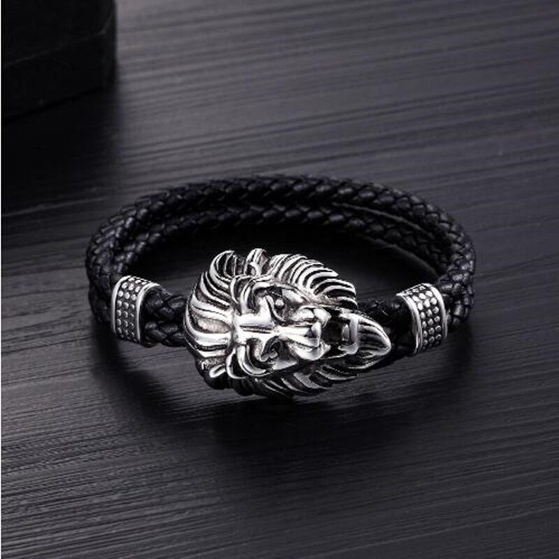 Gelang Kulit Desain Kepala Singa Warna Hitam Gaya Punk Klasik Untuk Pria