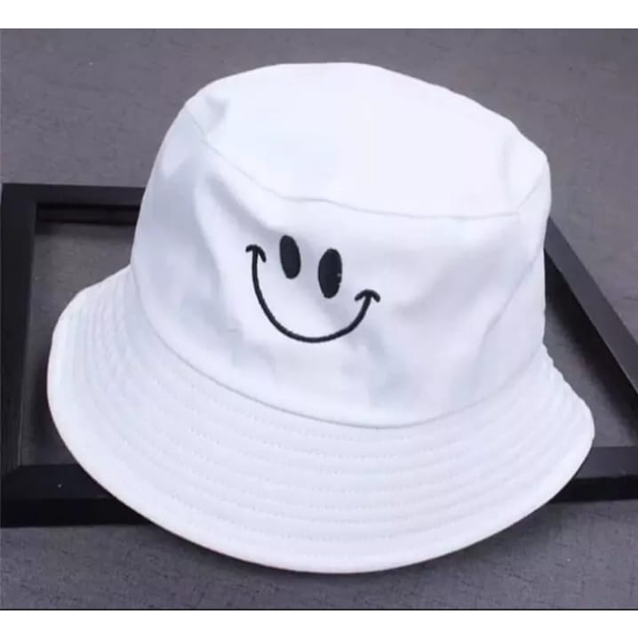 Topi Bucket Wanita Motif Bordir Smile Face untuk Outdoor bolak balik MODEL BARU MASA KINI